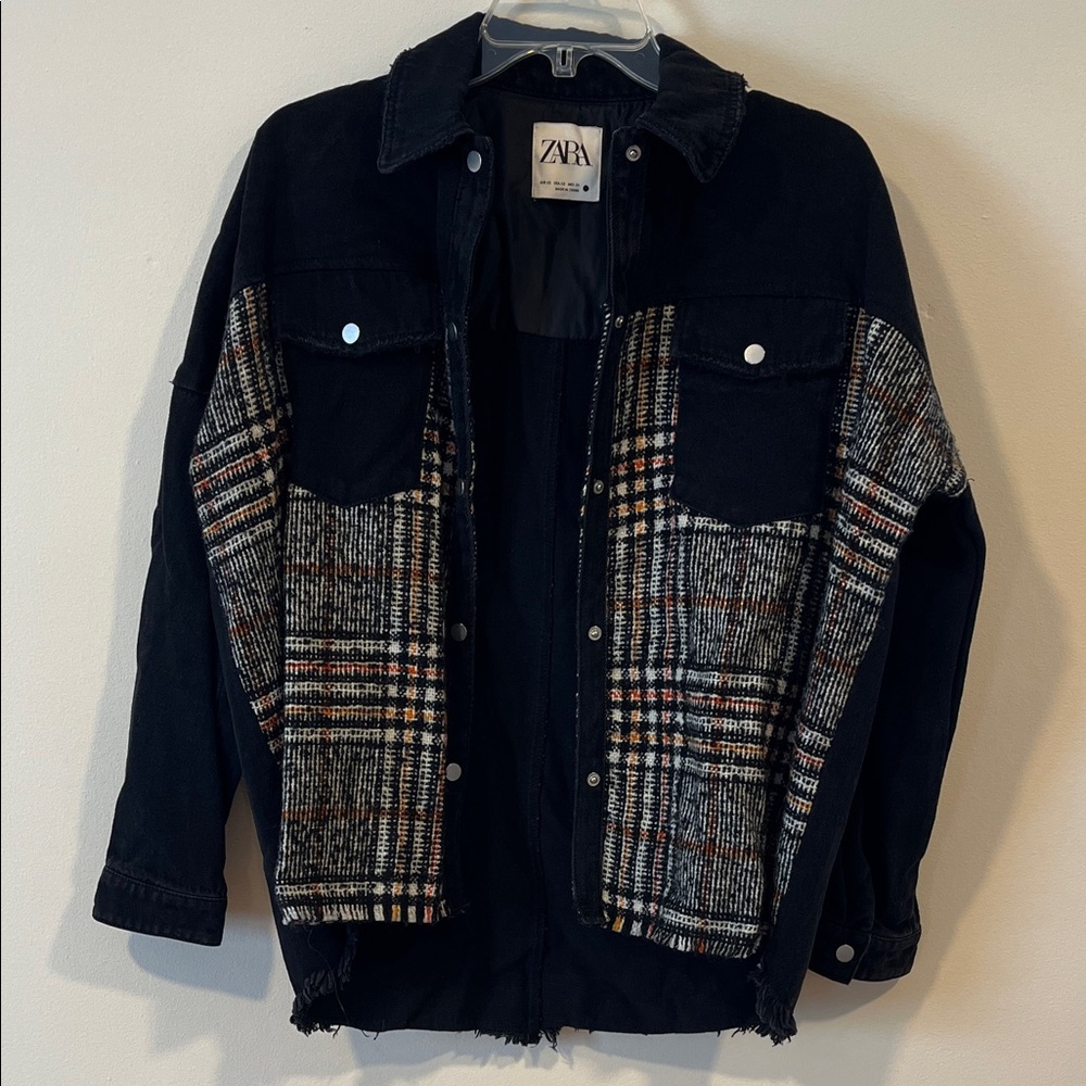 Zara Black Jean Jacket with Plaid Details Size XS